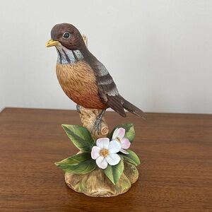 Charming Robin Bird Figurine with Floral Accents